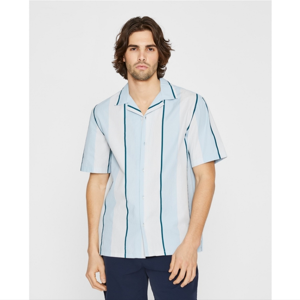 Club Monaco Blue Stripe Short Sleeve Camp Collar Shirt